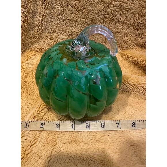 Hand Blown light green Swirl Art Glass Stemmed Pumpkin Fall decor thanksgiving - Picture 7 of 8